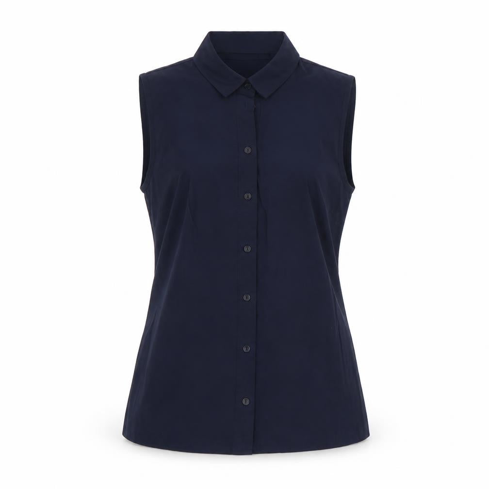 Front view of Atmosphere women’s blue cotton basic tank, size UK 4, collared - open back
