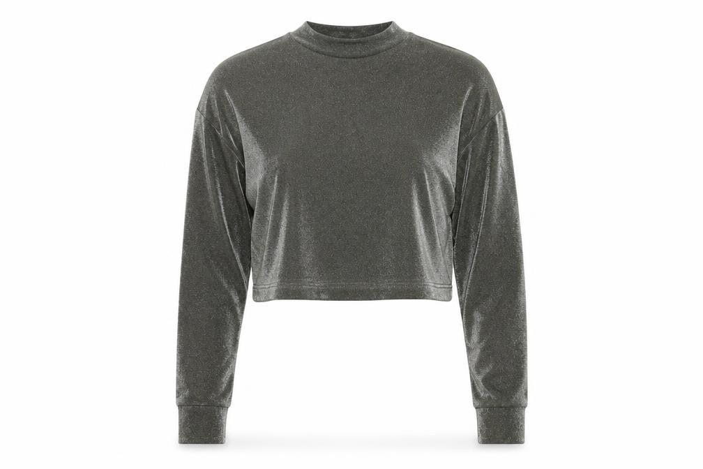 Chloe & Katie Womens Grey Nylon Cropped Blouse Size S Mock Neck