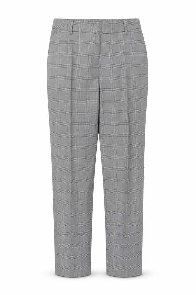 Front view of H&M women’s grey plaid polyester chino trousers, size UK 6, 28-inch leg regular hook & eye