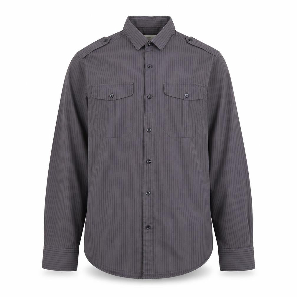 Front view of River Island women’s grey striped polyester basic button-up, size M, collared