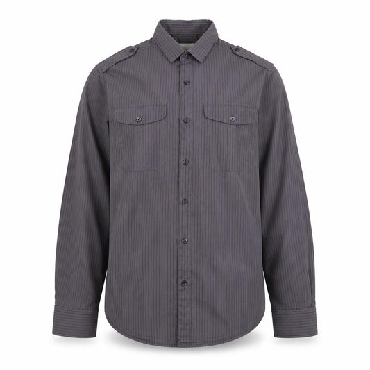 Front view of River Island women’s grey striped polyester basic button-up, size M, collared