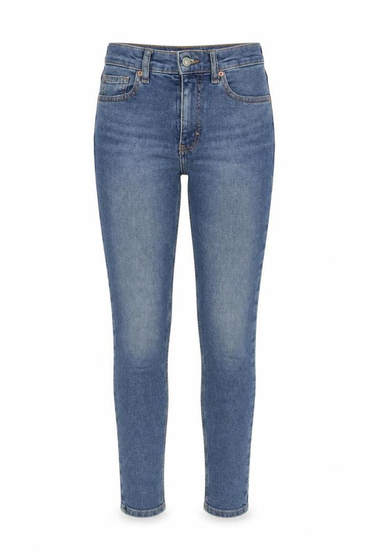 Front view of Topshop women’s blue cotton skinny jeans, size UK 24, in, 27-inch leg regular button