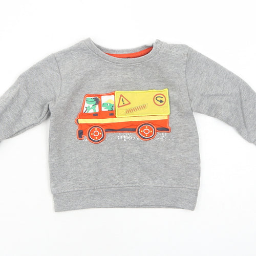 Blue Seven Boys Grey Cotton Pullover Jumper Size 9-12 Months Snap - Dinosaur Truck