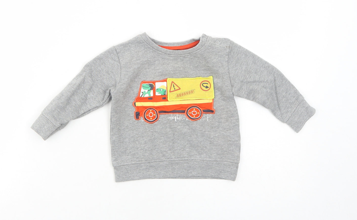 Blue Seven Boys Grey Cotton Pullover Jumper Size 9-12 Months Snap - Dinosaur Truck