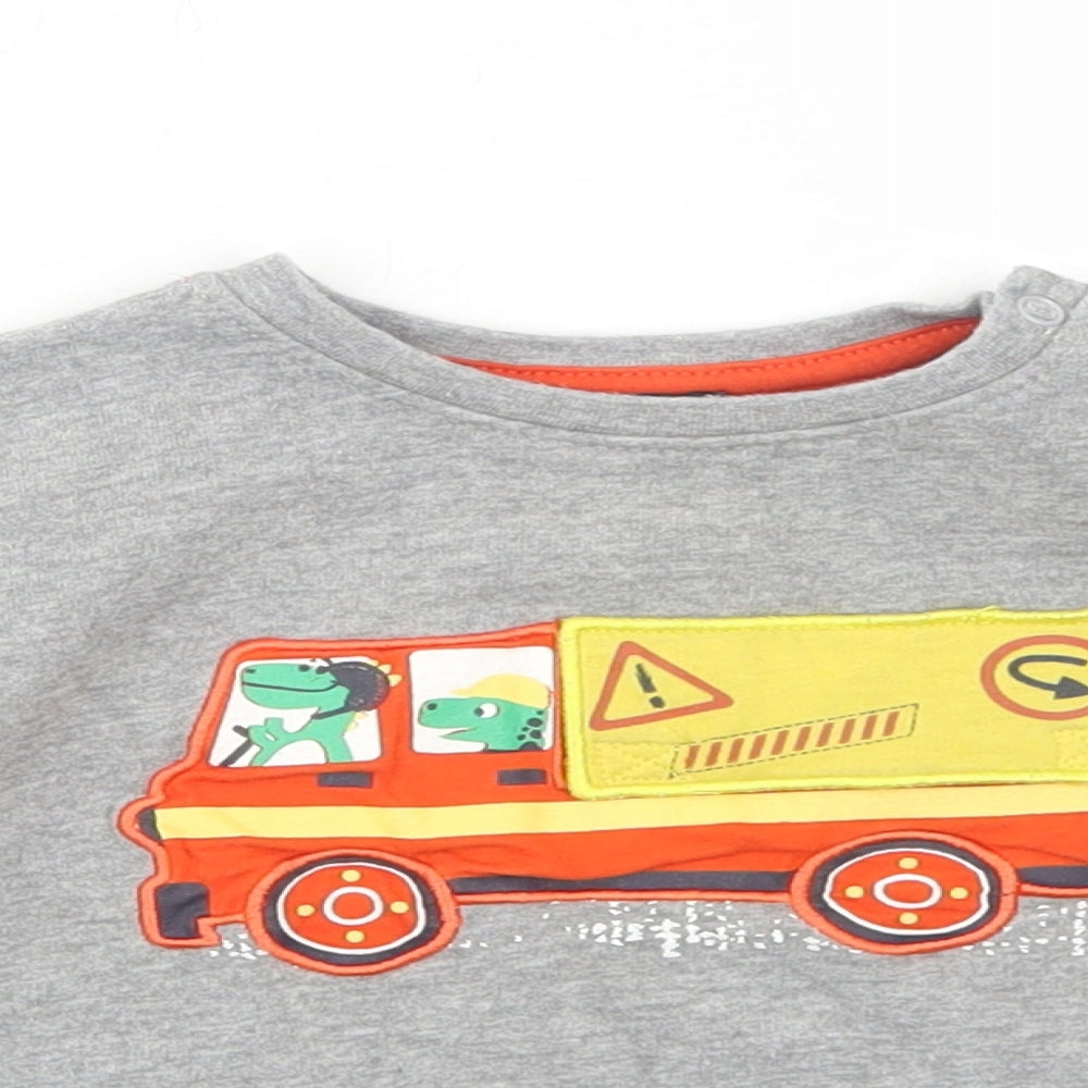 Blue Seven Boys Grey Cotton Pullover Jumper Size 9-12 Months Snap - Dinosaur Truck