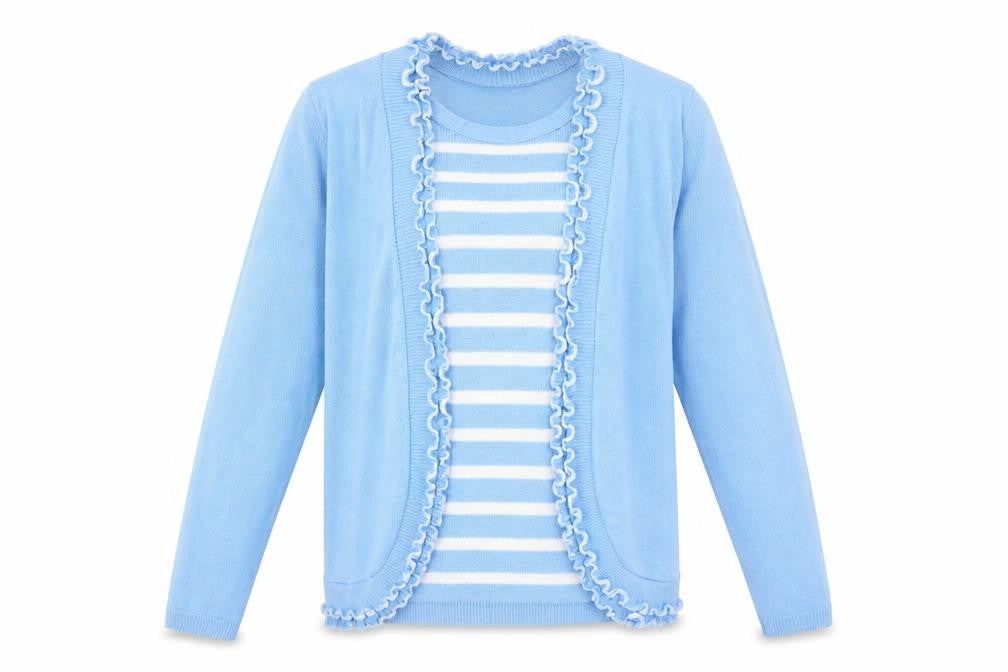 Front view of Lizzi women’s blue striped acrylic basic blouse, size M, round neck - twin set