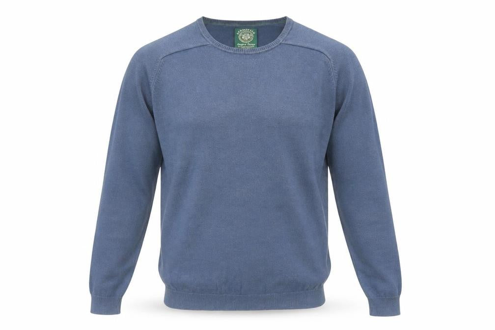 Front view of Springfield men’s blue round neck cotton jumper, size M, long sleeve
