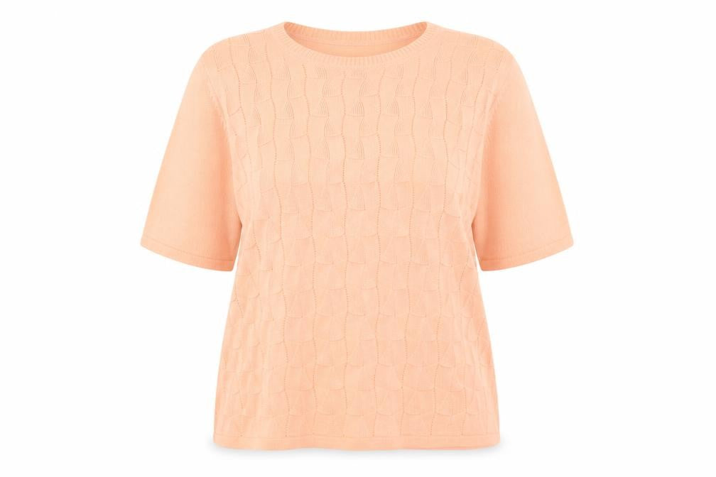 Front view of Preworn women’s pink round neck acrylic jumper, size UK 16, pullover