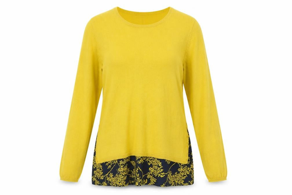 Front view of Dash women’s yellow scoop neck polyester jumper, size UK 12