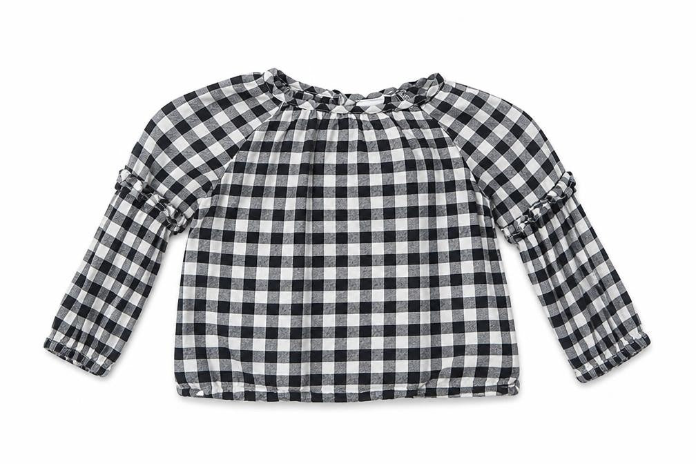Front view of Gap girls’ black check cotton basic blouse, size 2, years round neck button