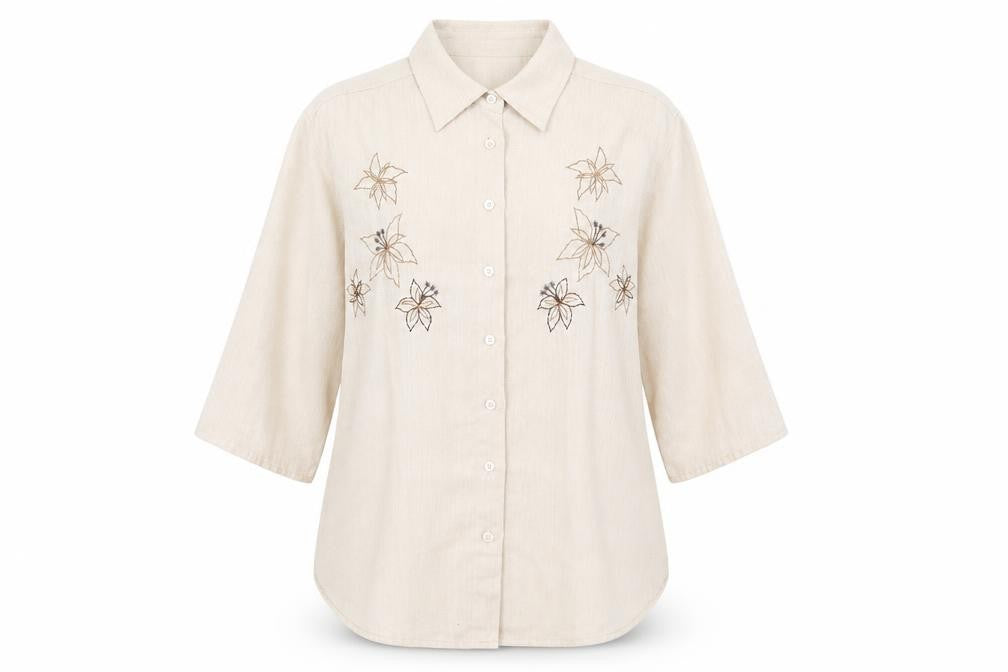 Front view of Damart women’s beige cotton basic button-up, size UK 12, collared