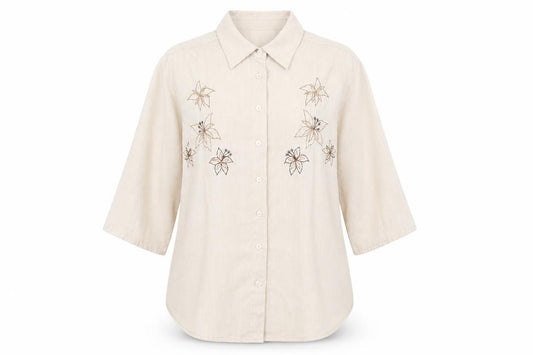 Front view of Damart women’s beige cotton basic button-up, size UK 12, collared