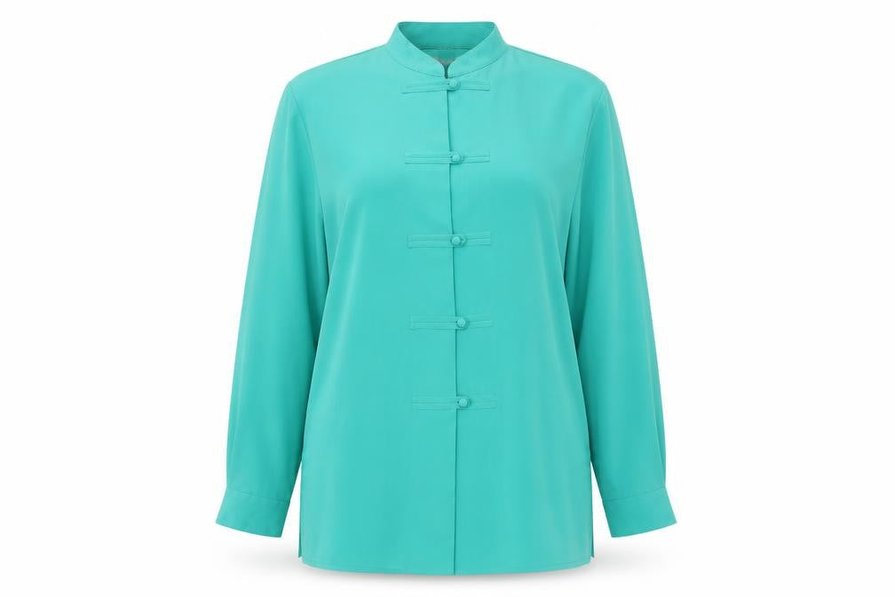Front view of Soon women’s green polyester basic button-up, size UK 12, mock neck