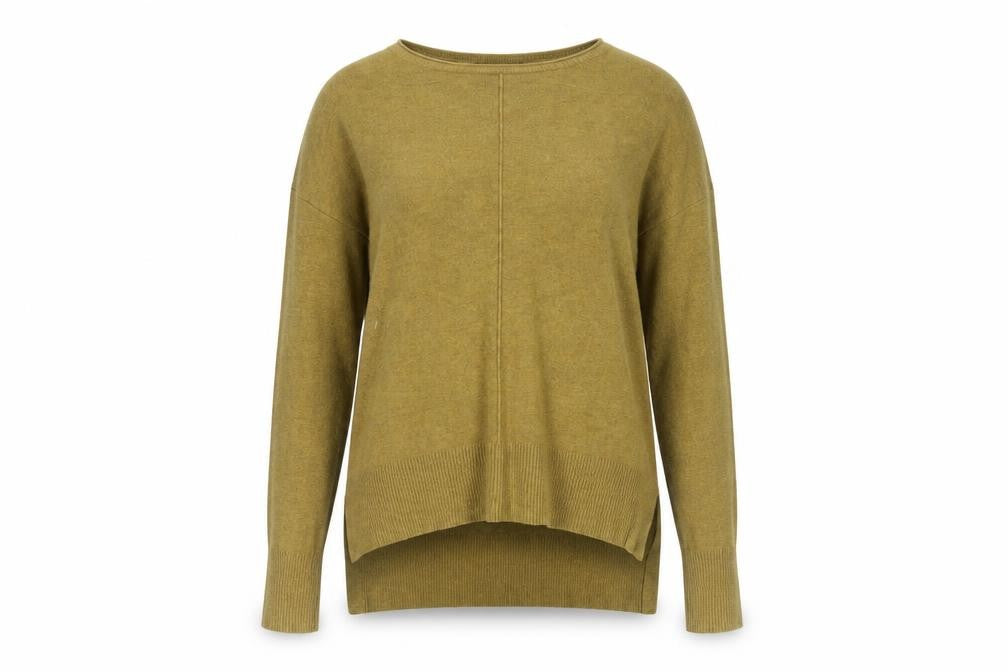Front view of Atmosphere women’s green boat neck viscose jumper, size UK 8