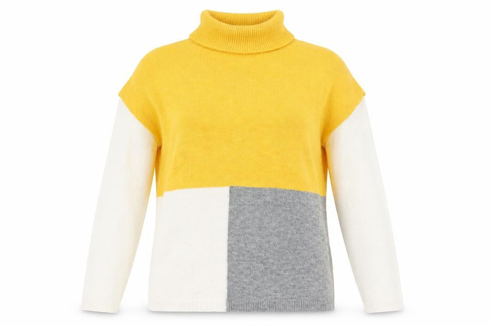 Front view of Peacocks women’s yellow roll neck geometric acrylic jumper, size M