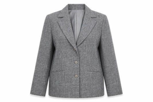 Front view of EWM women’s grey polyester jacket suit jacket, size UK 12