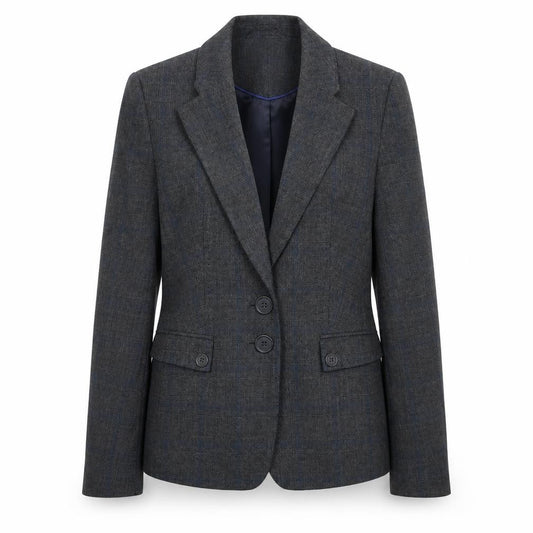 Front view of Next women’s grey plaid polyester jacket blazer, size UK 8