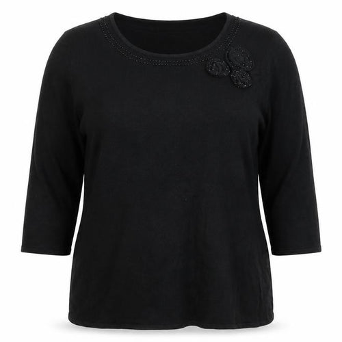 Berkertex Womens Black Round Neck Acrylic Pullover Jumper Size 20 - Flower Detail