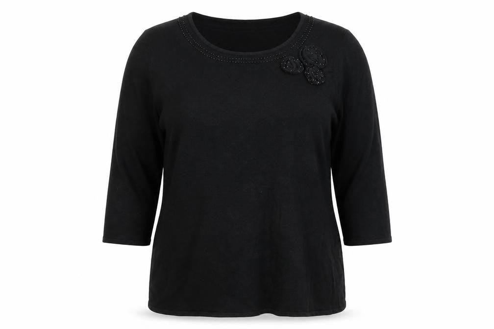 Berkertex Womens Black Round Neck Acrylic Pullover Jumper Size 20 - Flower Detail