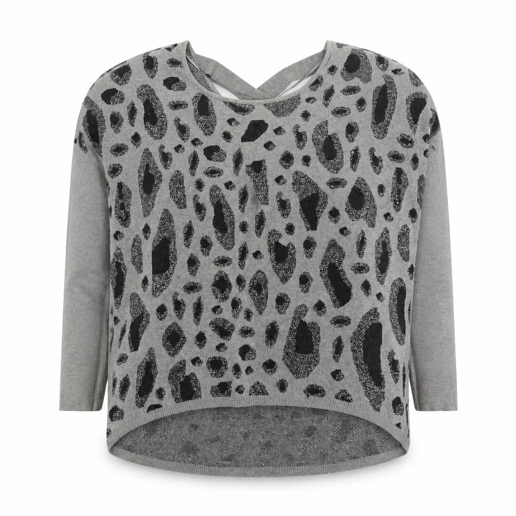 Fransa Womens Grey Round Neck Geometric Viscose Pullover Jumper Size L