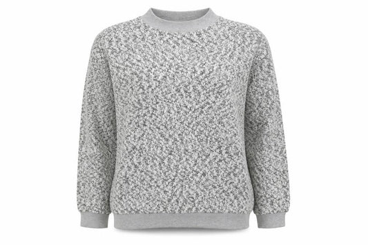 Front view of Atmosphere women’s grey round neck geometric polyester jumper, size UK 12