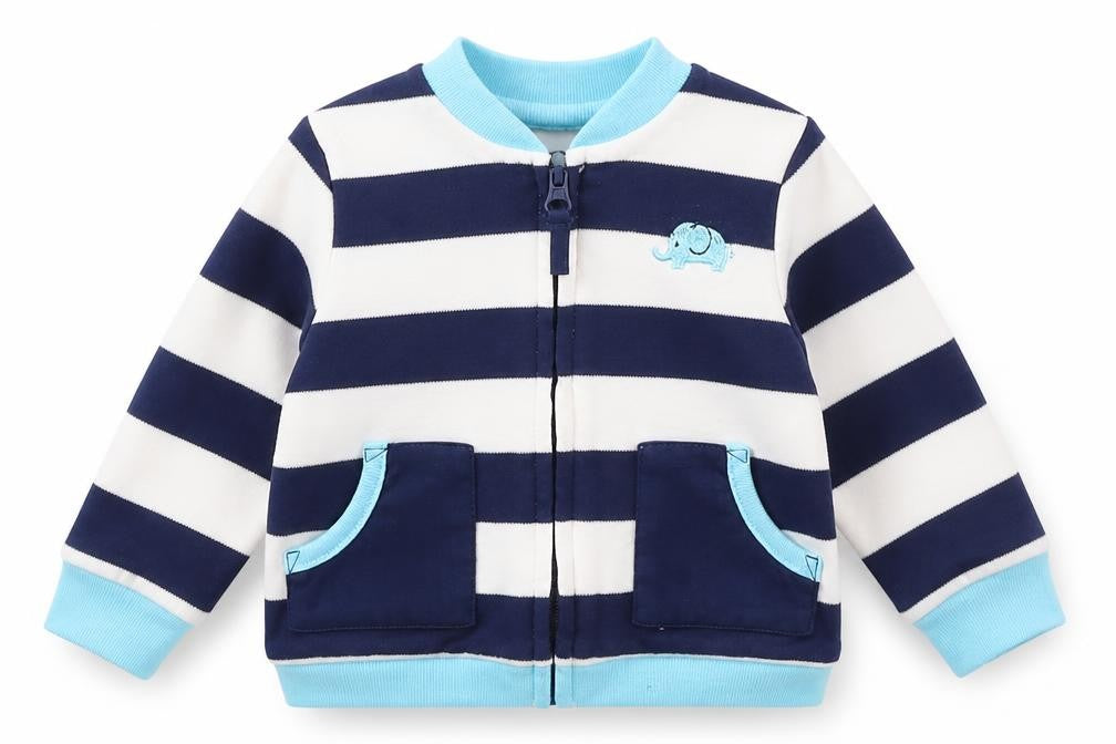 Little Me Boys Blue Striped Cotton Jacket Size 6-9 Months Regular Zip - Elephant