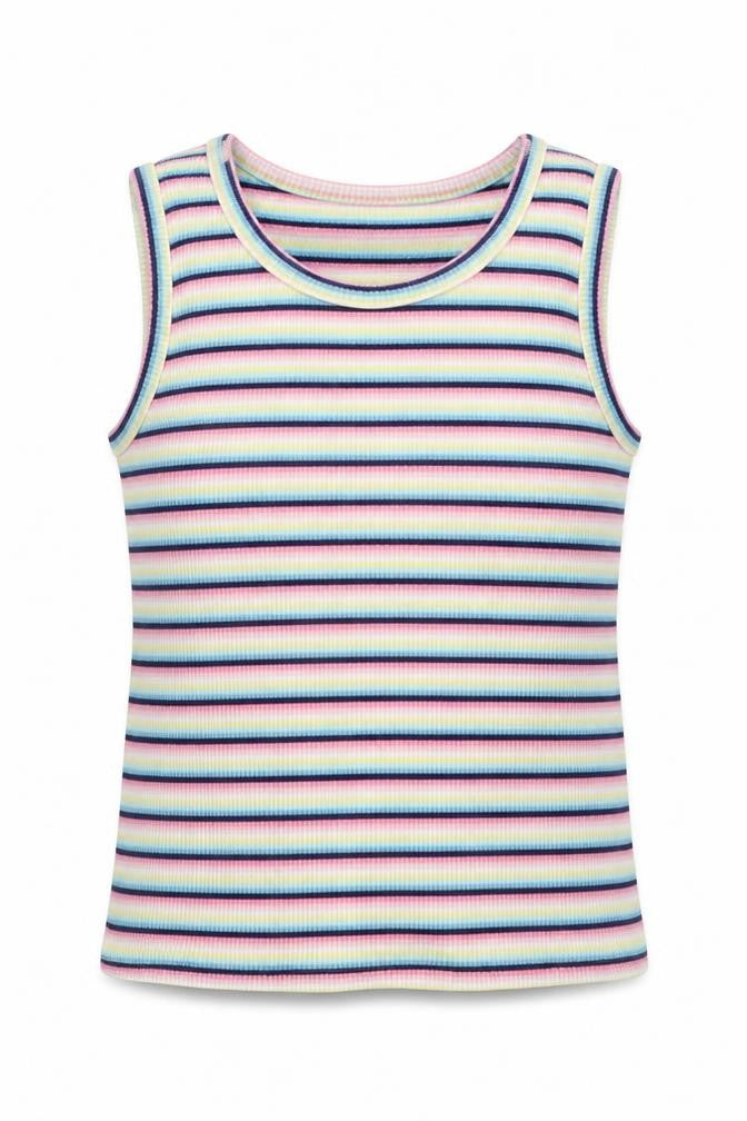 Front view of Matalan girls’ multicoloured striped cotton basic tank, size 7, years round neck pullover