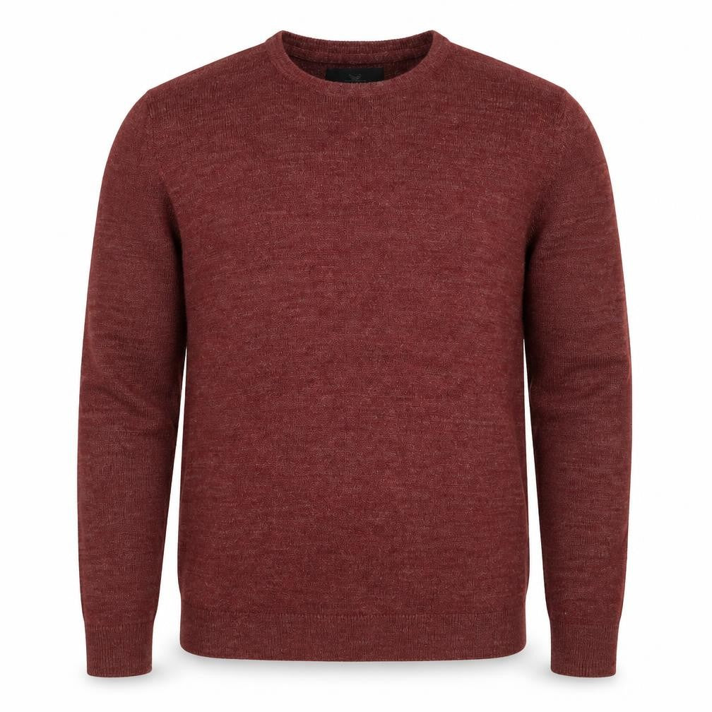 Front view of Threadbare men’s red round neck acrylic jumper, size S, long sleeve