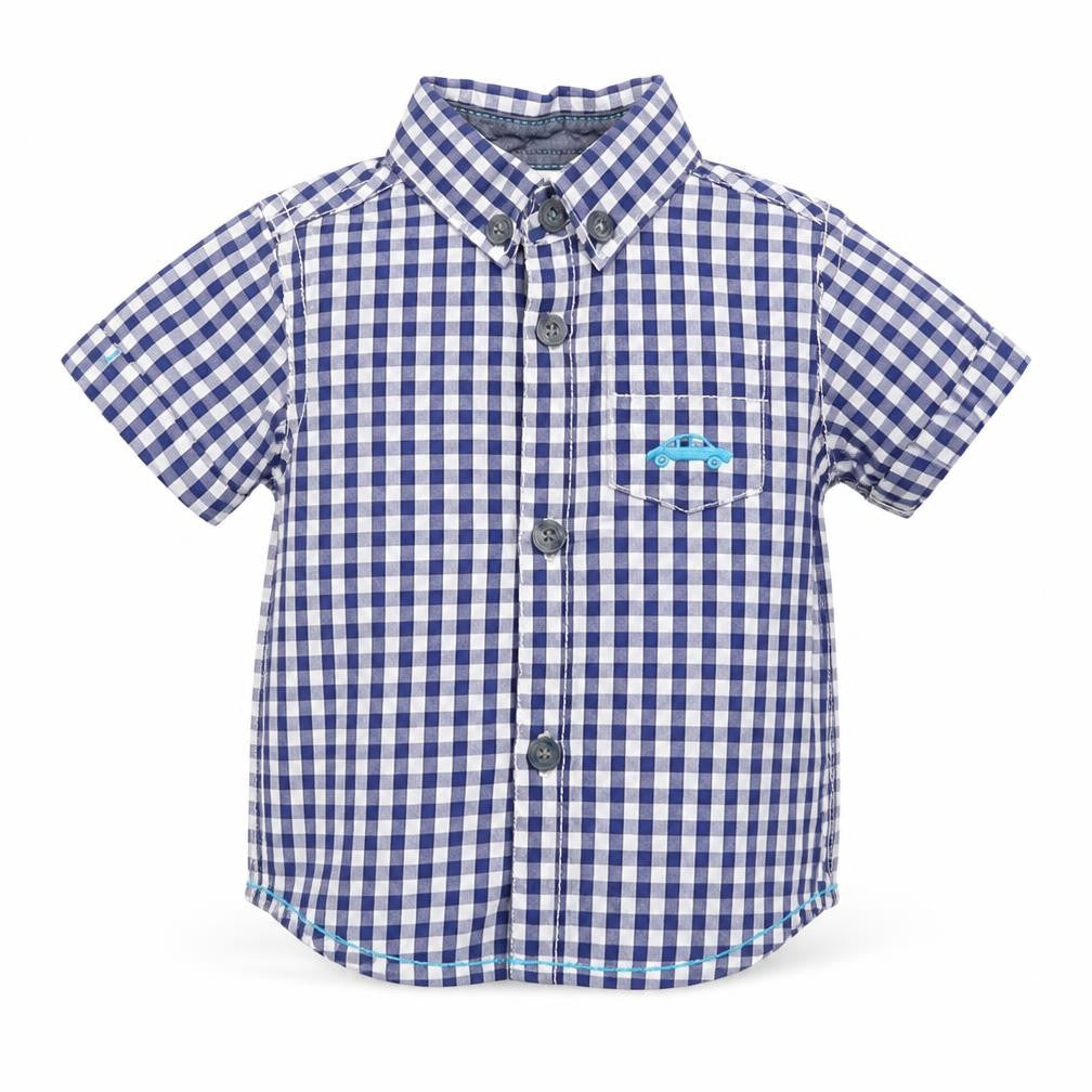 Front view of Mini Club boys’ blue geometric cotton basic button-up, size 0-3, months collared button