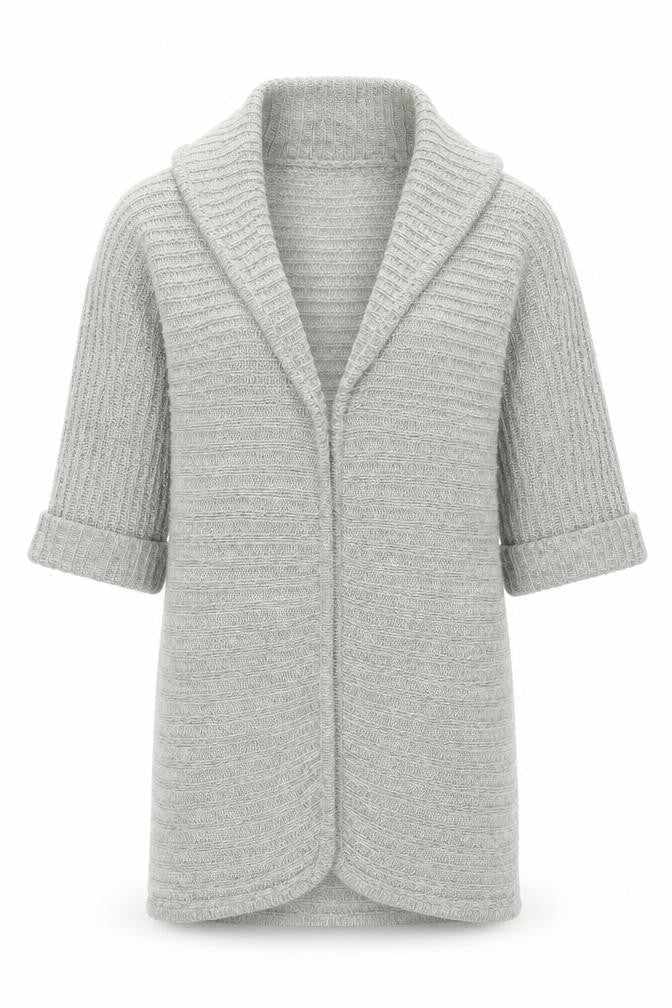 Front view of VILA women’s grey collared acrylic cardigan jumper, size S