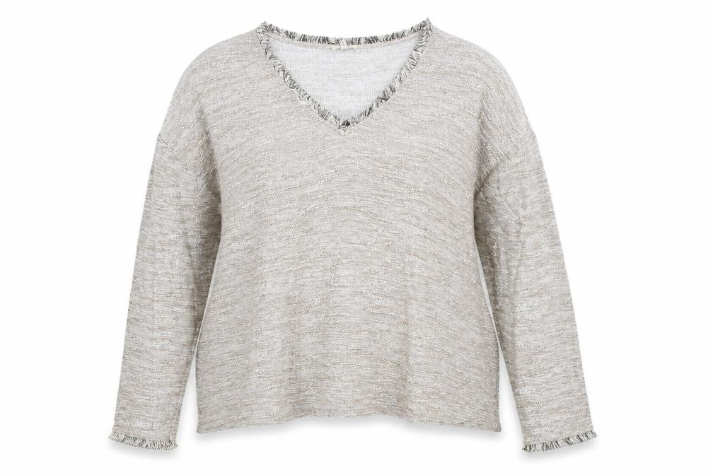 Front view of River Island women’s grey v-neck viscose jumper, size UK 14, - fringe trim