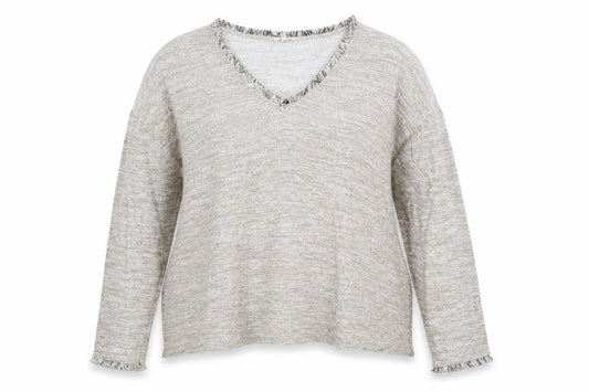 Front view of River Island women’s grey v-neck viscose jumper, size UK 14, - fringe trim