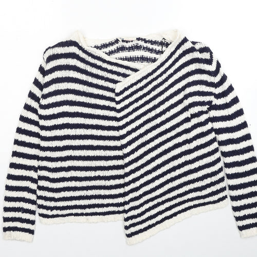 H&M Girls White V-Neck Striped Cotton Cardigan Jumper Size 9-10 Years Pullover