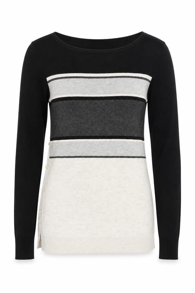 Front view of M&Co women’s multicoloured boat neck striped viscose jumper, size UK 10