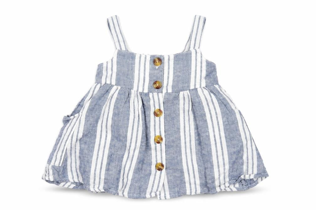 Front view of Primark girls’ blue striped polyester a-line, size 0-3, months square neck button
