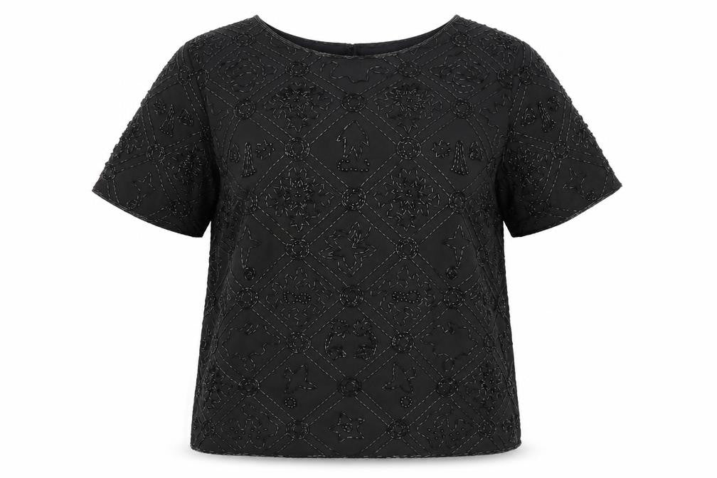 Front view of Barry Sherrard women’s black geometric polyester basic t-shirt, size UK 12, round neck
