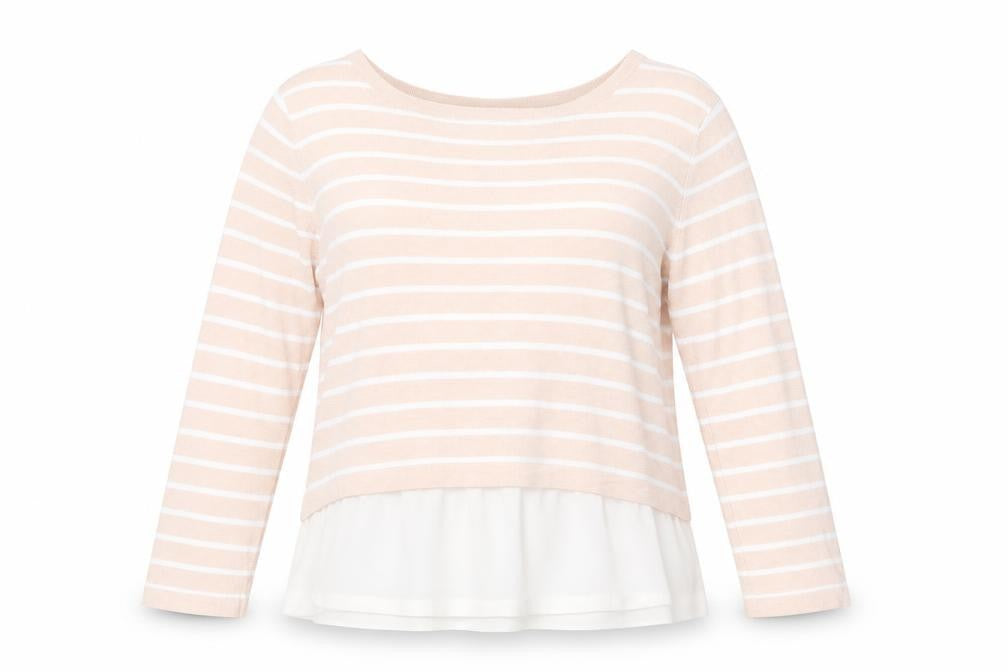 Front view of Primark women’s pink boat neck striped viscose jumper, size UK 10