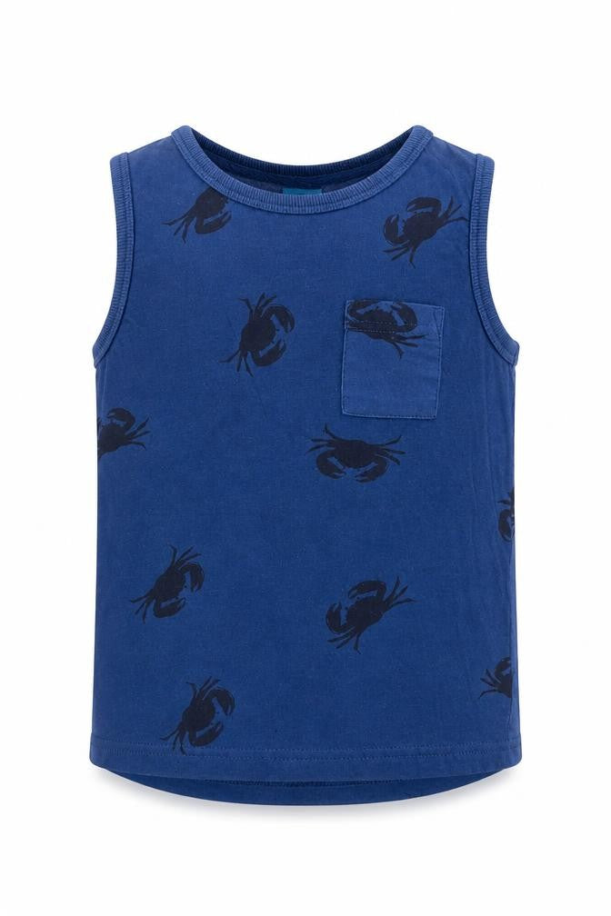 Little Kids Boys Blue Geometric Cotton Basic Tank Size 5-6 Years Round Neck Pullover - Crab