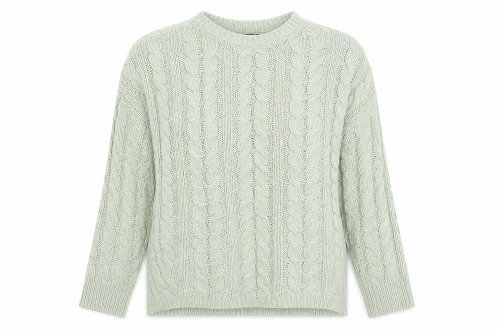 Front view of Atmosphere women’s green round neck acrylic jumper, size UK 4