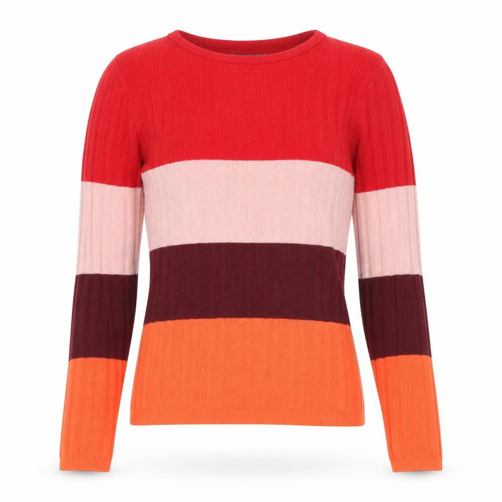Front view of Primark women’s multicoloured boat neck polyester jumper, size UK 12