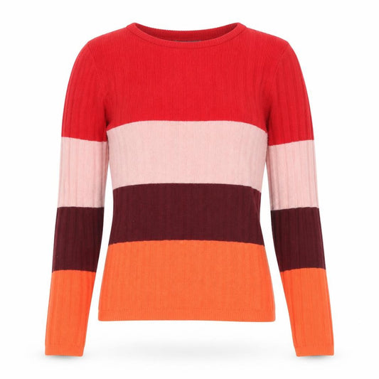 Front view of Primark women’s multicoloured boat neck polyester jumper, size UK 12