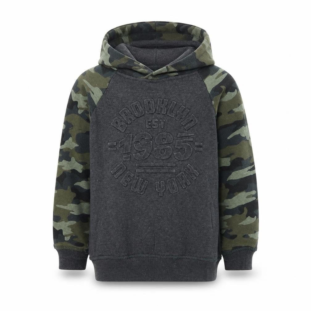 Front view of Preworn boys’ multicoloured camouflage cotton pullover hoodie, size 5, years pullover