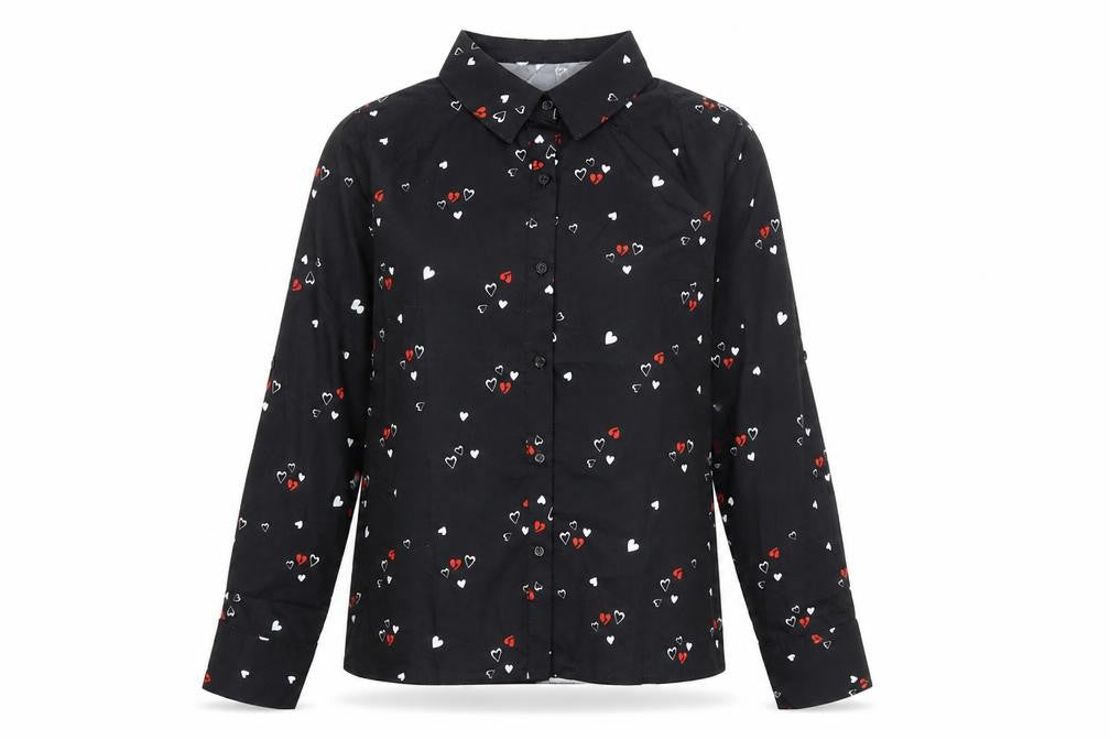 Front view of By Clara women’s black geometric polyester basic button-up, size M, collared - heart print