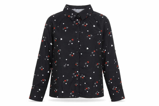 Front view of By Clara women’s black geometric polyester basic button-up, size M, collared - heart print