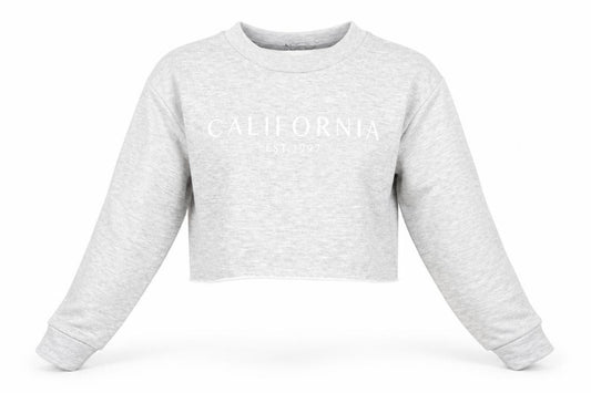 Front view of Boohoo women’s grey polyester pullover sweatshirt, size UK 10, pullover - california