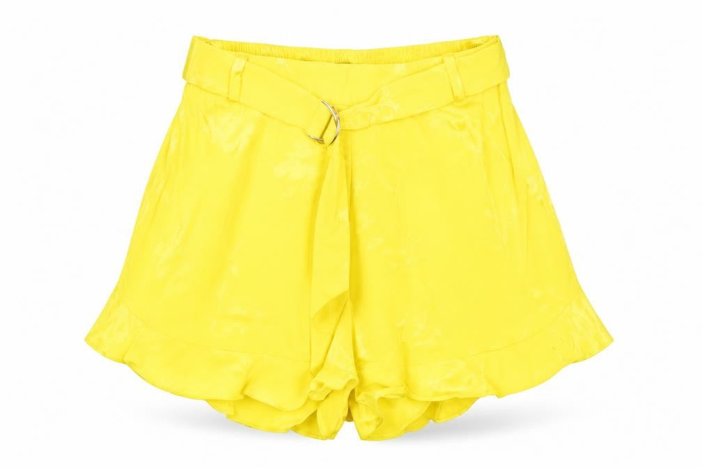 Front view of River Island women’s yellow viscose bermuda shorts, size UK 8, regular pull on