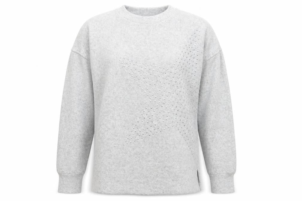 Front view of F&F women’s grey round neck polyester jumper, size UK 10, - star