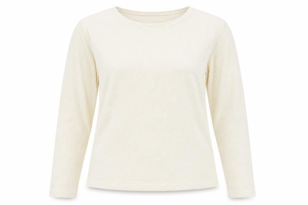 Front view of Emreco women’s white round neck polyester jumper, size UK 12