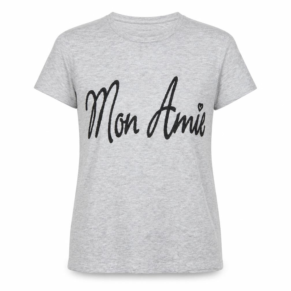 Front view of Miss Selfridge women’s grey polyester basic t-shirt, size UK 8, round neck - mon amie