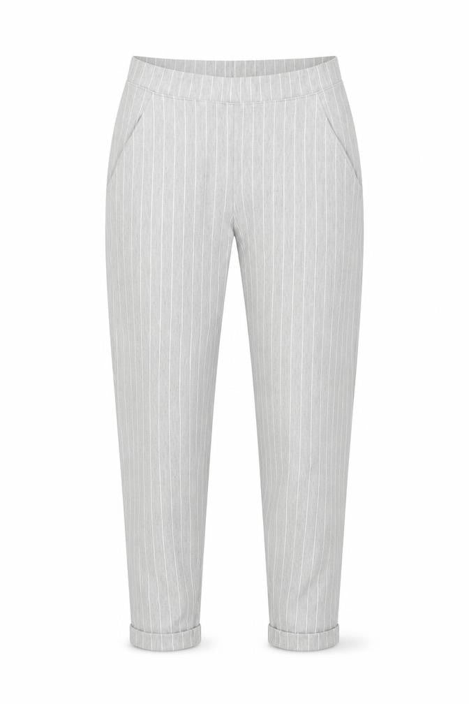 Front view of H&M women’s grey striped polyester chino trousers, size XS, regular